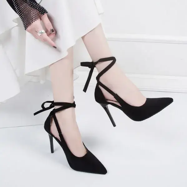 Curvefoot Women Fashion Solid Color Plus Size Strap Pointed Toe Suede High Heel Sandals Pumps
