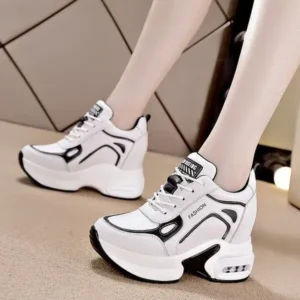 Curvefoot Women Fashion Round Toe Platform Leather Lace Up Sneakers