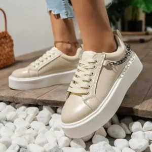 Curvefoot Women'S Fashion Round Toe Chain Lace Up Low Top Solid PU Thick-Soled Sneakers