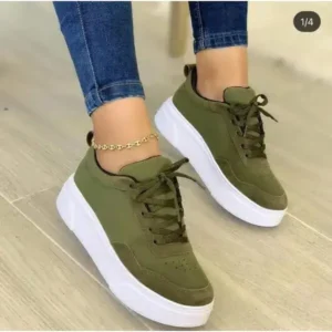 Curvefoot Women'S Fashion Casual Round Toe Thick-Soled Lace Up Canvas Sneakers