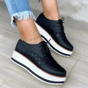 Curvefoot Women'S Fashion Vintage Lace-Up Solid Color Flat Slip-On PU Sneakers Shoes