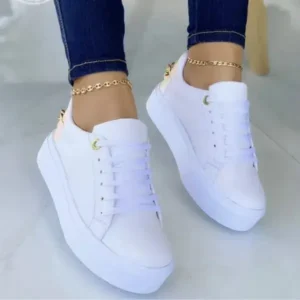 Curvefoot Women Fashion Round Toe Platform Lace Up Solid Color Sneakers