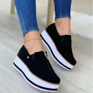 Curvefoot Women Fashion Retro Style Elastic Band Thick Sole Solid Color Mid-Slip Sneakers