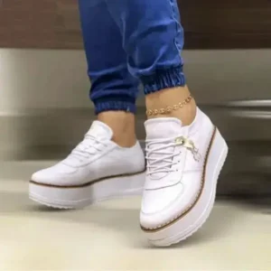 Curvefoot Women Fashion Round Toe Solid Color Pu Hidden Wedge Lace-Up Low Top Sneakers Shoes