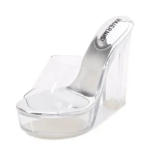 Curvefoot Women Fashion Plus Size Transparent Crystal Chunky Heel Platform High