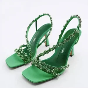 Curvefoot Women Fashion Plus Size Sexy Rhinestone Strap Square Toe Heeled Sandals