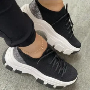 Curvefoot Wedge Heel Flying Woven Colorblock Lace-Up Sneakers Large Size Casual Low Top Women Shoes