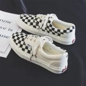 Curvefoot Women Fashion Grid Printed Lace-Up Canvas Shoes