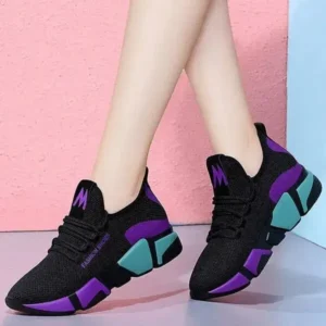 Curvefoot Women Fashion Casual Lace-Up Design Mesh Breathable Color Blocking Platform Running Sneakers