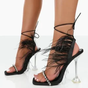 Curvefoot Women Fashion Sexy Rhinestone Feather Decorative Solid Color High Heel Sandals Shoes