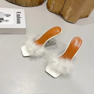 Curvefoot Women Fashion Sexy Feather Decoration Solid Color Chunky High Heel Slippers Shoes