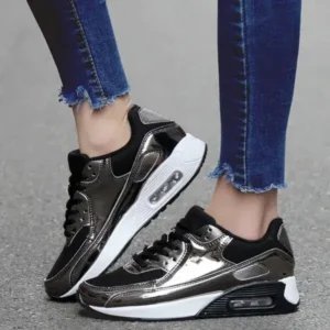 Curvefoot Women Casual Sports Lace Up Design Shiny Air Cushion Platform Sneakers