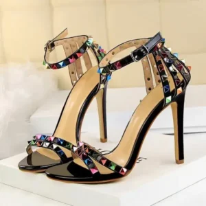 Curvefoot Fashion Women Sexy 11cm High Heels Rivets Studded Sandals Ankle Buckle Strap Stiletto Shoes