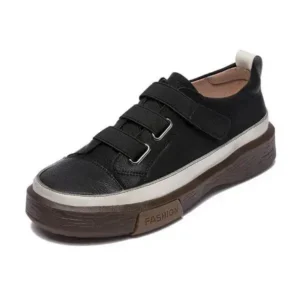 Curvefoot Women Vintage Casual Velcro Design Round Toe Color Blocking Platform Genuine Leather Sneakers