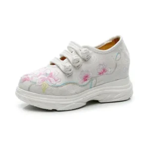 Curvefoot Women Casual Flower Embroidered Round Toe Platform Canvas Sneakers