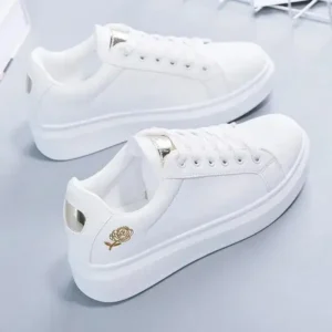 Curvefoot Women Casual Fashion Rose Embroidery Thick-Soled Comfortable PU Leather White Sneakers