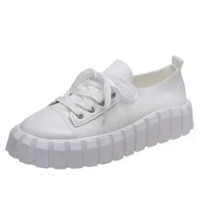 Curvefoot Thick-Soled Fly-Woven Fabric Breathable Women Flat Lace-Up Elastic Sneakers