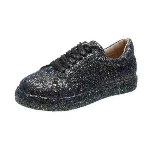 Curvefoot Women Creative Casual Sequined Solid Color Lace-Up Low-Top Flat Sneakers