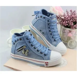 Curvefoot Women Casual Spring Zipper Decor Lace-Up High Top Denim Canvas Sneakers