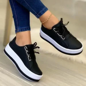 Curvefoot Women Casual Round Toe Lace-Up Block Color Platform Shoes PU Sneakers