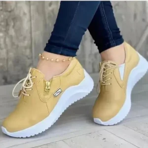 Curvefoot Women Casual Round Toe Low Cut Lace-Up PU Side Zipper Design Solid Color Sneakers