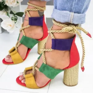 Curvefoot Women Fashion Sexy Cross Hollow Lace Up Design Color Blocking High Heel Sandals Shoes