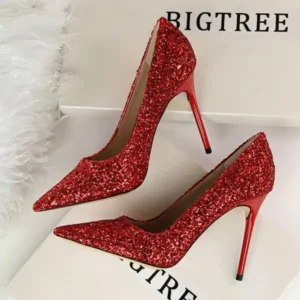 Curvefoot Women Sexy Shining Sequins Decor Pointed-Toe Stiletto Shoes Pumps