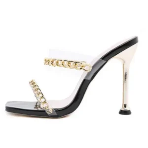 Curvefoot Women Sexy Plus Size Metal Chain Square-Toe High Heel Sandals