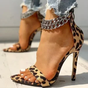 Curvefoot Women Sexy Metal Chain Buckle Ankle Strap Animal Printed High Heels