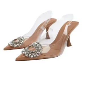 Curvefoot Summer Women Fashion Plus Size Pointed Toe Rhinestone Transparent Heeled Sandals