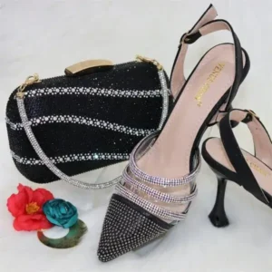 Curvefoot Women Classic Black Pointed Shoes Transparent Pvc Rhinestone Chain Square Hand Bag Set