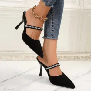 Curvefoot Summer Women Fashion Plus Size Elegant Pointed Toe Strap Rhinestone Stiletto Heel Slippers