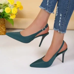 Curvefoot Summer Women Fashion Plus Size Elegant Pointed Toe Strap Buckle Sling Back Stiletto Heel PU Sandals