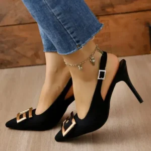 Curvefoot Summer Women Fashion Casual Plus Size Solid Color Pointed Toe Metal Buckle Sling Back High Heel Sandals