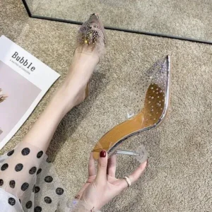 Curvefoot Women Fashion Sexy Rhinestone Decorative Pointed Toe Transparent High Heel Sandals