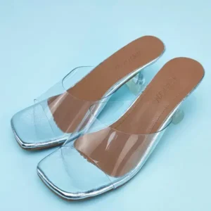 Curvefoot Women Fashion Casual Square Toe Transparent Design Mid Heel Slippers