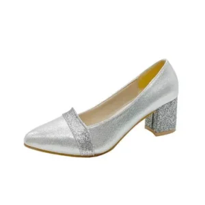 Curvefoot Women Fashion Casual Sequins Pointed Toe Pumps With Chunky Heels