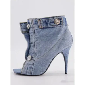 Curvefoot Women Fashion High Heel Denim Button High Top Boots