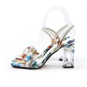 Curvefoot Women Fashion Sexy PU Rhinestone Floral Printed Square Toe Chunky Heel ?Sandals