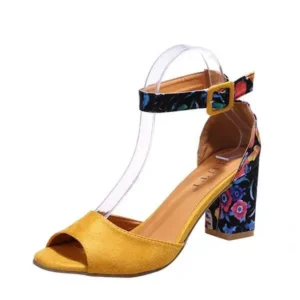 Curvefoot Women Fashion Sexy PU Floral Printed Peep Toe Chunky Heel Ankle Strap Buckle Sandals