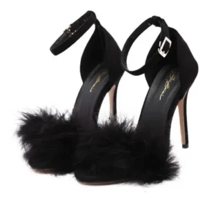 Curvefoot Women Fashion Sexy PU Solid Color Feather Peep Toe Stiletto Heel Ankle Strap Buckle Sandals