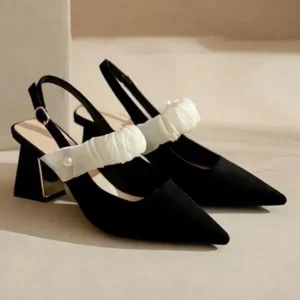 Curvefoot Women Fashion Elegant Solid Color PU Pointed Toe Kitten Heel Sandals