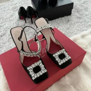 Curvefoot Women Fashion Elegant PU Square Toe Rhinestone Stiletto Heel Ankle Strap Buckle Sandals