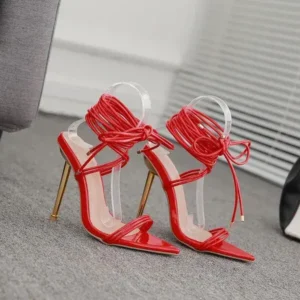 Curvefoot Women Fashion Sexy Solid Color PU Bandage Stiletto Heel Sandals