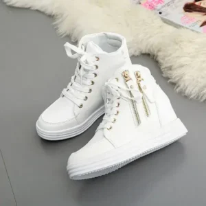 Curvefoot Women Fashion Solid Color Side Zipper Lace-Up Round Head Thick-Soled Sneakers