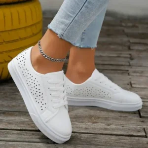 Curvefoot Women Fashion Solid Color Plus Size Hollow Lace-Up Round-Toe Sneakers