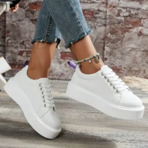 Curvefoot Women Fashion Solid Color Round-Toe Lace-Up Thick-Soled Sneakers