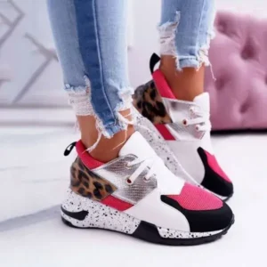 Curvefoot Women Casual Leopard Printed Patchwork Lace Up Sneakers