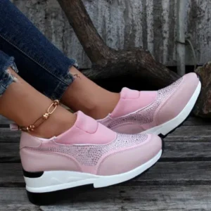 Curvefoot Women Fashion Casual Rhinestone Breathable Wedge Heel Sneakers