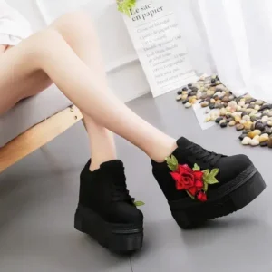 Curvefoot Women Fashion Casual PU Floral Printed Thick-Soled Lace-Up Canvas Sneakers